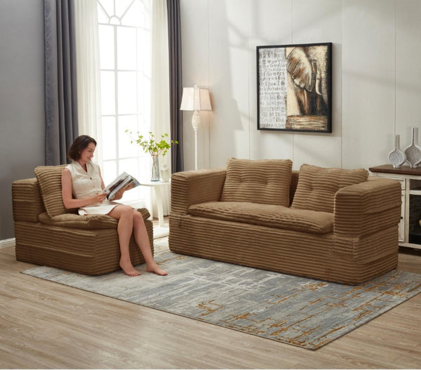 English Elm Multi Functional Corduroy Sectional Sofa with Convertible King Bed Chaise and Built-In Throw Camel W3219S00033