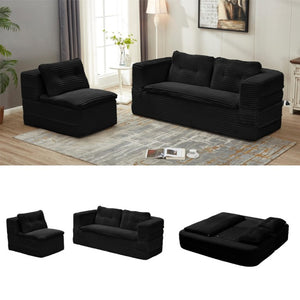 English Elm Multi Functional Corduroy Sectional Sofa with Convertible King Bed Chaise and Built-In Throw Black W3219S00034