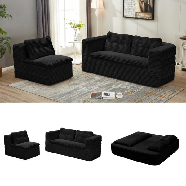 English Elm Multi Functional Corduroy Sectional Sofa with Convertible King Bed Chaise and Built-In Throw Black W3219S00034