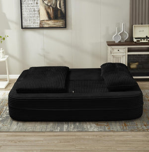 English Elm Multi Functional Corduroy Sectional Sofa with Convertible King Bed Chaise and Built-In Throw Black W3219S00034