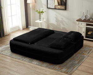 English Elm Multi Functional Corduroy Sectional Sofa with Convertible King Bed Chaise and Built-In Throw Black W3219S00034