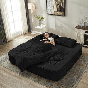 English Elm Multi Functional Corduroy Sectional Sofa with Convertible King Bed Chaise and Built-In Throw Black W3219S00034