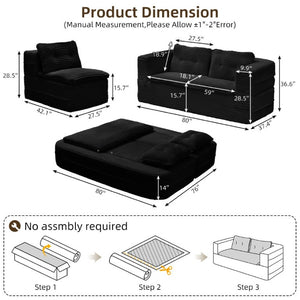 English Elm Multi Functional Corduroy Sectional Sofa with Convertible King Bed Chaise and Built-In Throw Black W3219S00034