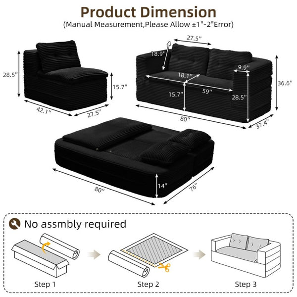 English Elm Multi Functional Corduroy Sectional Sofa with Convertible King Bed Chaise and Built-In Throw Black W3219S00034
