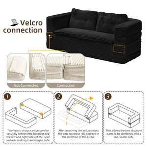 English Elm Multi Functional Corduroy Sectional Sofa with Convertible King Bed Chaise and Built-In Throw Black W3219S00034