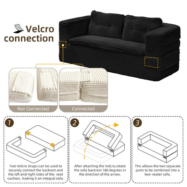 English Elm Multi Functional Corduroy Sectional Sofa with Convertible King Bed Chaise and Built-In Throw Black W3219S00034