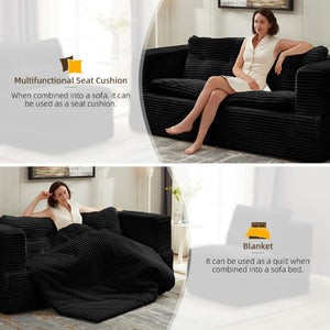 English Elm Multi Functional Corduroy Sectional Sofa with Convertible King Bed Chaise and Built-In Throw Black W3219S00034