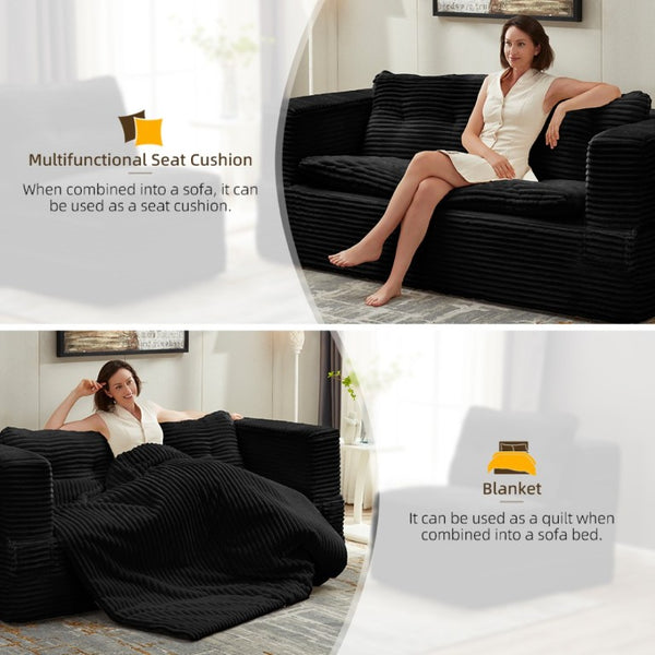 English Elm Multi Functional Corduroy Sectional Sofa with Convertible King Bed Chaise and Built-In Throw Black W3219S00034