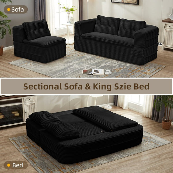 English Elm Multi Functional Corduroy Sectional Sofa with Convertible King Bed Chaise and Built-In Throw Black W3219S00034