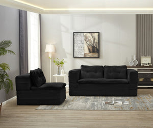 English Elm Multi Functional Corduroy Sectional Sofa with Convertible King Bed Chaise and Built-In Throw Black W3219S00034