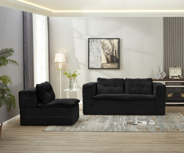 English Elm Multi Functional Corduroy Sectional Sofa with Convertible King Bed Chaise and Built-In Throw Black W3219S00034