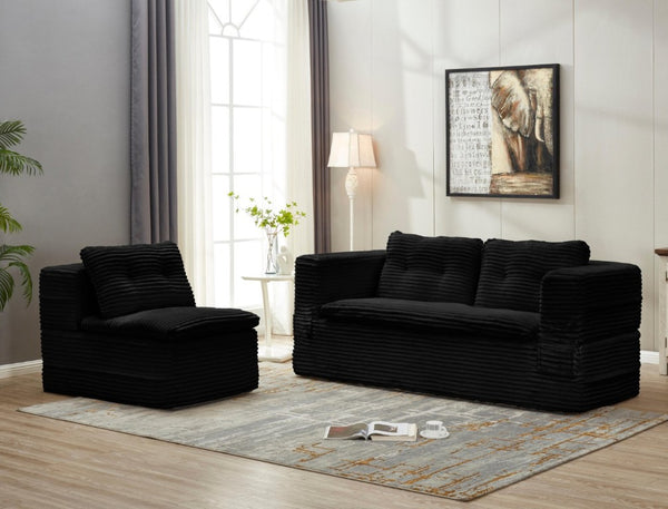 English Elm Multi Functional Corduroy Sectional Sofa with Convertible King Bed Chaise and Built-In Throw Black W3219S00034