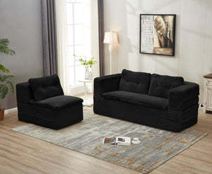 English Elm Multi Functional Corduroy Sectional Sofa with Convertible King Bed Chaise and Built-In Throw Black W3219S00034