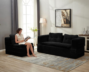 English Elm Multi Functional Corduroy Sectional Sofa with Convertible King Bed Chaise and Built-In Throw Black W3219S00034