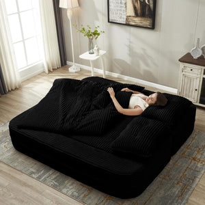 English Elm Multi Functional Corduroy Sectional Sofa with Convertible King Bed Chaise and Built-In Throw Black W3219S00034