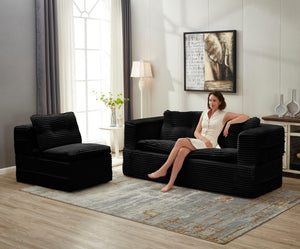 English Elm Multi Functional Corduroy Sectional Sofa with Convertible King Bed Chaise and Built-In Throw Black W3219S00034