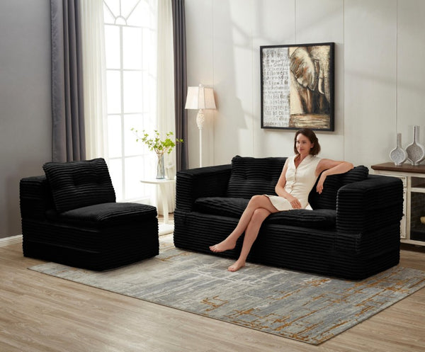 English Elm Multi Functional Corduroy Sectional Sofa with Convertible King Bed Chaise and Built-In Throw Black W3219S00034