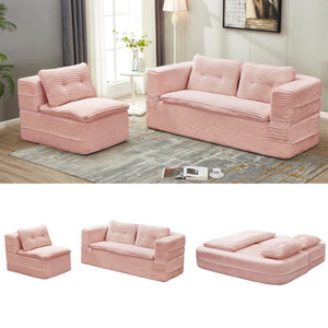 English Elm Multi Functional Corduroy Sectional Sofa with Convertible King Bed Chaise and Built-In Throw Pink W3219S00035