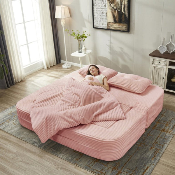 English Elm Multi Functional Corduroy Sectional Sofa with Convertible King Bed Chaise and Built-In Throw Pink W3219S00035