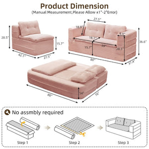 English Elm Multi Functional Corduroy Sectional Sofa with Convertible King Bed Chaise and Built-In Throw Pink W3219S00035
