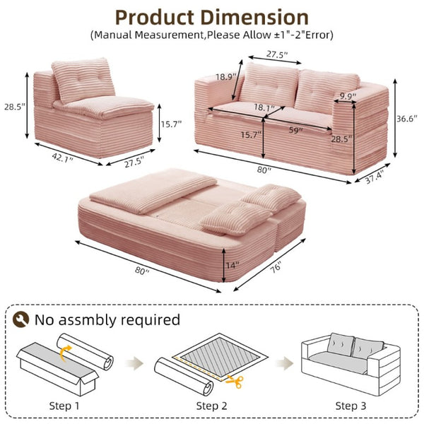 English Elm Multi Functional Corduroy Sectional Sofa with Convertible King Bed Chaise and Built-In Throw Pink W3219S00035