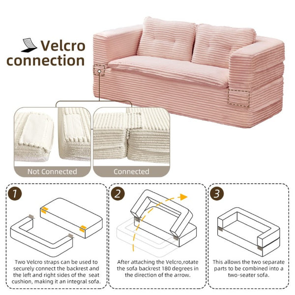 English Elm Multi Functional Corduroy Sectional Sofa with Convertible King Bed Chaise and Built-In Throw Pink W3219S00035
