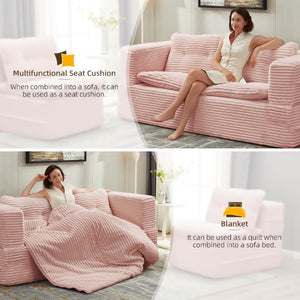 English Elm Multi Functional Corduroy Sectional Sofa with Convertible King Bed Chaise and Built-In Throw Pink W3219S00035