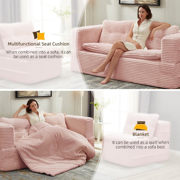English Elm Multi Functional Corduroy Sectional Sofa with Convertible King Bed Chaise and Built-In Throw Pink W3219S00035