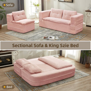 English Elm Multi Functional Corduroy Sectional Sofa with Convertible King Bed Chaise and Built-In Throw Pink W3219S00035