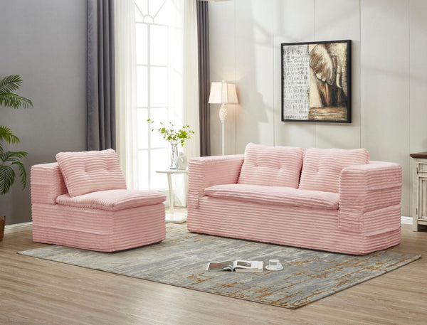 English Elm Multi Functional Corduroy Sectional Sofa with Convertible King Bed Chaise and Built-In Throw Pink W3219S00035