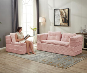 English Elm Multi Functional Corduroy Sectional Sofa with Convertible King Bed Chaise and Built-In Throw Pink W3219S00035