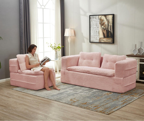 English Elm Multi Functional Corduroy Sectional Sofa with Convertible King Bed Chaise and Built-In Throw Pink W3219S00035