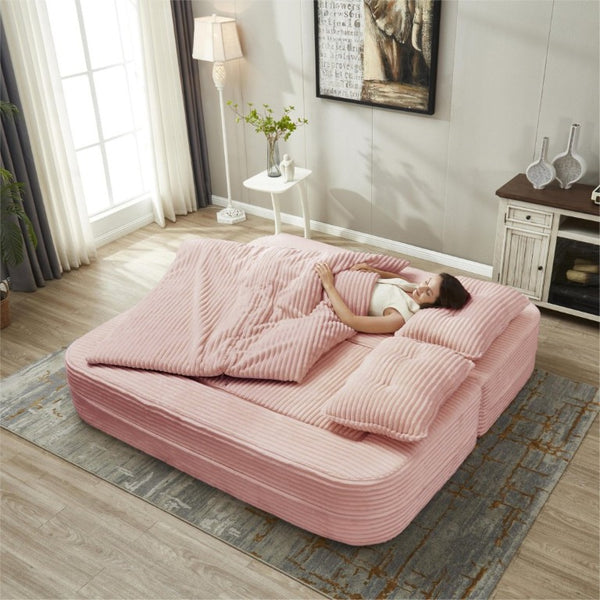 English Elm Multi Functional Corduroy Sectional Sofa with Convertible King Bed Chaise and Built-In Throw Pink W3219S00035