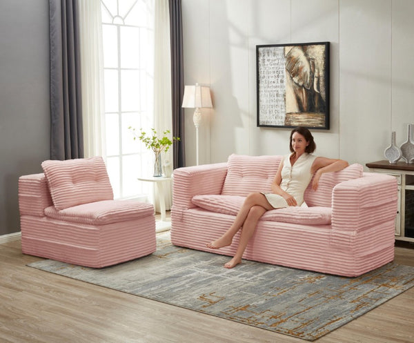 English Elm Multi Functional Corduroy Sectional Sofa with Convertible King Bed Chaise and Built-In Throw Pink W3219S00035