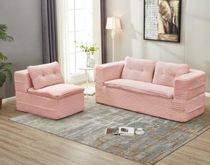 English Elm Multi Functional Corduroy Sectional Sofa with Convertible King Bed Chaise and Built-In Throw Pink W3219S00035