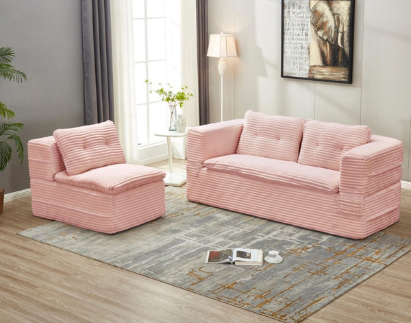 English Elm Multi Functional Corduroy Sectional Sofa with Convertible King Bed Chaise and Built-In Throw Pink W3219S00035