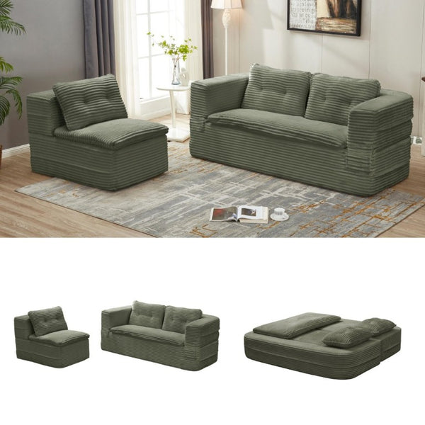 English Elm Multi Functional Corduroy Sectional Sofa with Convertible King Bed Chaise and Built-In Throw Green W3219S00036