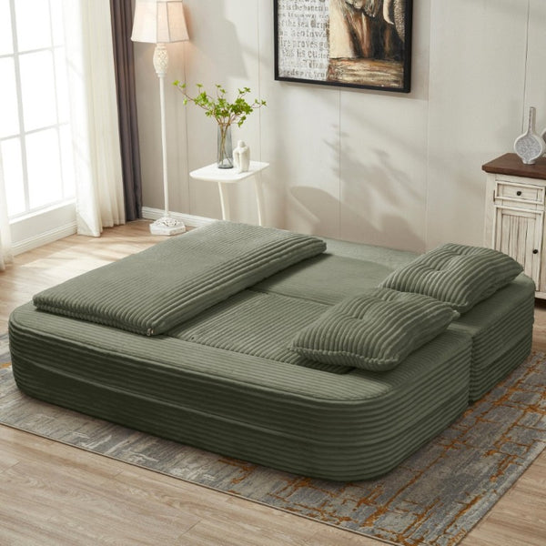 English Elm Multi Functional Corduroy Sectional Sofa with Convertible King Bed Chaise and Built-In Throw Green W3219S00036