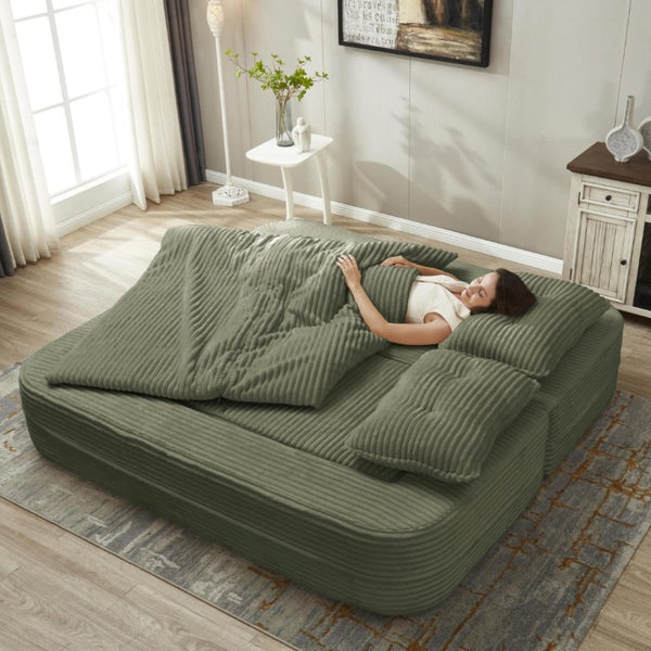 English Elm Multi Functional Corduroy Sectional Sofa with Convertible King Bed Chaise and Built-In Throw Green W3219S00036