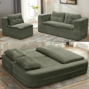 English Elm Multi Functional Corduroy Sectional Sofa with Convertible King Bed Chaise and Built-In Throw Green W3219S00036