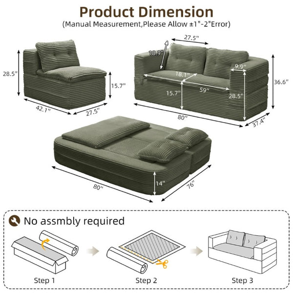 English Elm Multi Functional Corduroy Sectional Sofa with Convertible King Bed Chaise and Built-In Throw Green W3219S00036