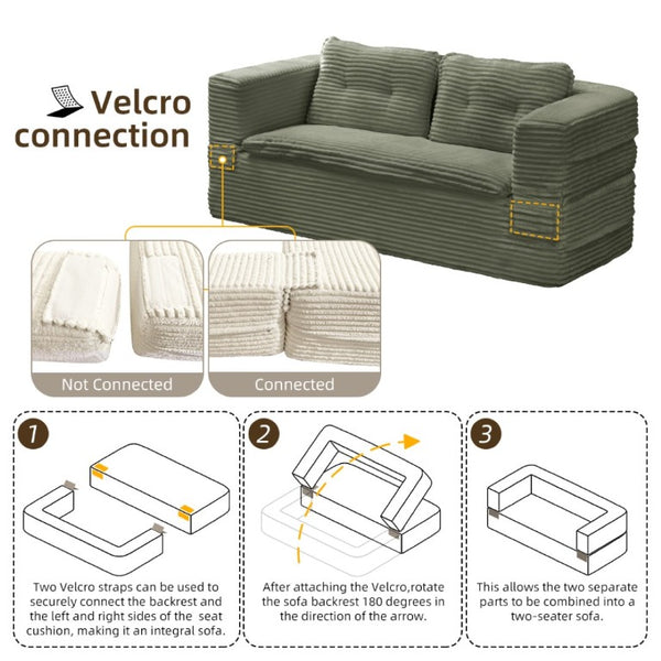 English Elm Multi Functional Corduroy Sectional Sofa with Convertible King Bed Chaise and Built-In Throw Green W3219S00036