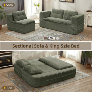 English Elm Multi Functional Corduroy Sectional Sofa with Convertible King Bed Chaise and Built-In Throw Green W3219S00036
