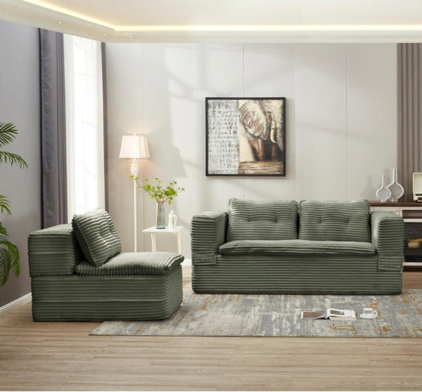 English Elm Multi Functional Corduroy Sectional Sofa with Convertible King Bed Chaise and Built-In Throw Green W3219S00036