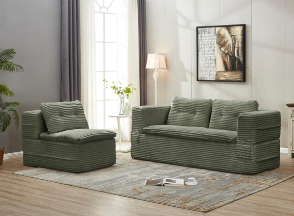 English Elm Multi Functional Corduroy Sectional Sofa with Convertible King Bed Chaise and Built-In Throw Green W3219S00036