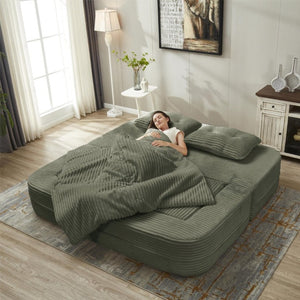 English Elm Multi Functional Corduroy Sectional Sofa with Convertible King Bed Chaise and Built-In Throw Green W3219S00036
