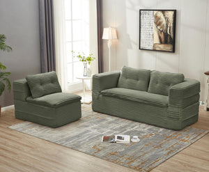 English Elm Multi Functional Corduroy Sectional Sofa with Convertible King Bed Chaise and Built-In Throw Green W3219S00036
