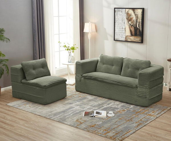 English Elm Multi Functional Corduroy Sectional Sofa with Convertible King Bed Chaise and Built-In Throw Green W3219S00036