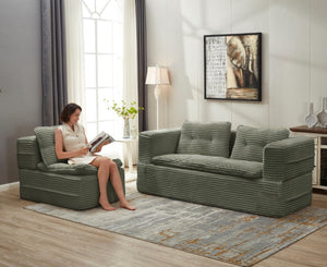 English Elm Multi Functional Corduroy Sectional Sofa with Convertible King Bed Chaise and Built-In Throw Green W3219S00036