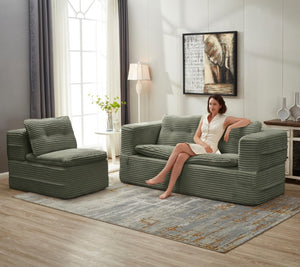 English Elm Multi Functional Corduroy Sectional Sofa with Convertible King Bed Chaise and Built-In Throw Green W3219S00036